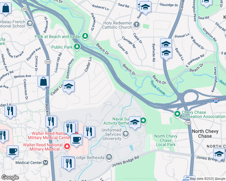 map of restaurants, bars, coffee shops, grocery stores, and more near 9235 East Parkhill Drive in Bethesda