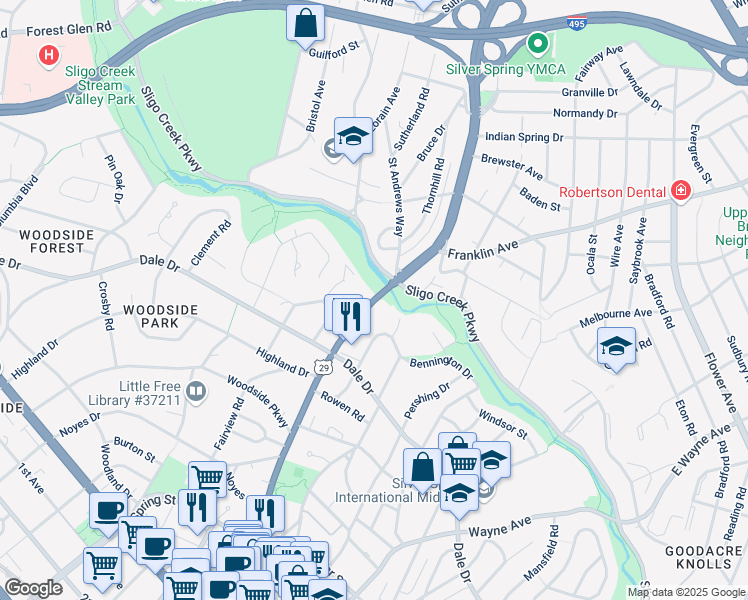 map of restaurants, bars, coffee shops, grocery stores, and more near Colesville Road in Silver Spring
