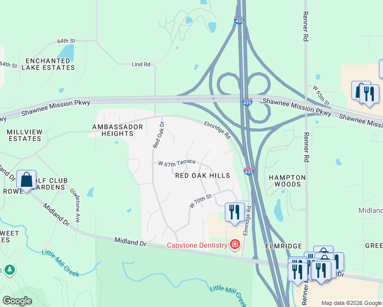 map of restaurants, bars, coffee shops, grocery stores, and more near 6717 Vahalla Drive in Shawnee