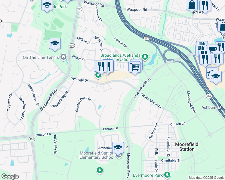 map of restaurants, bars, coffee shops, grocery stores, and more near 43215 Stillwater Terrace in Broadlands