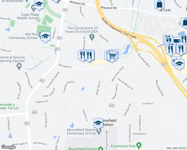 map of restaurants, bars, coffee shops, grocery stores, and more near 43215 Stillwater Terrace in Broadlands