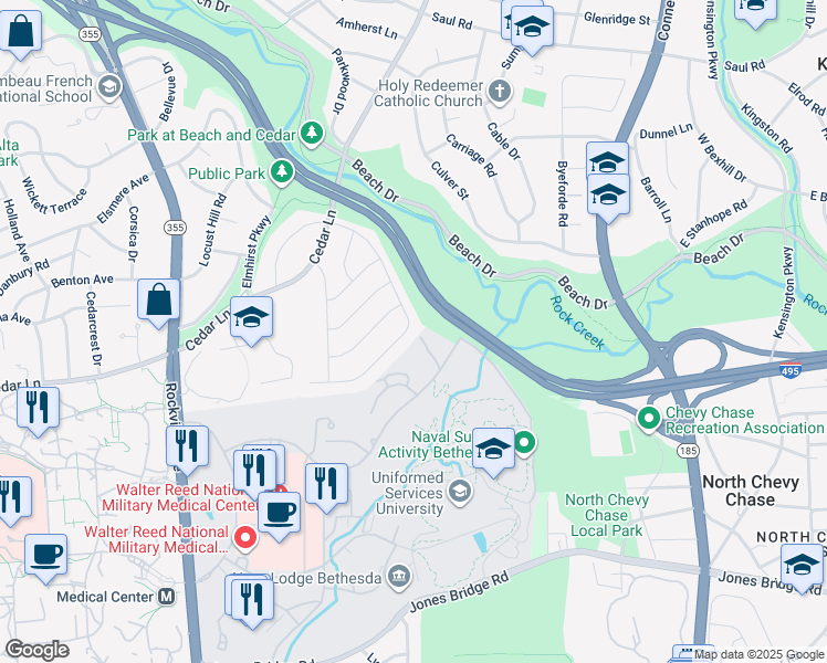 map of restaurants, bars, coffee shops, grocery stores, and more near 9235 East Parkhill Drive in Bethesda