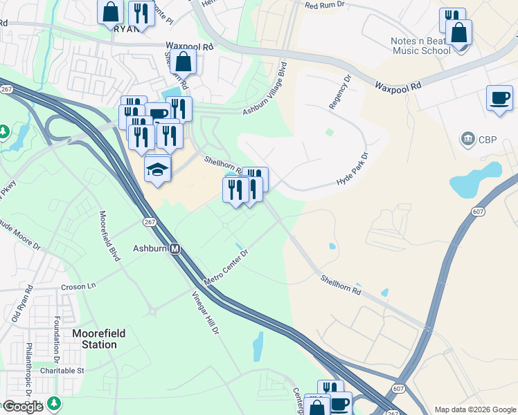 map of restaurants, bars, coffee shops, grocery stores, and more near 43805 Central Station Drive in Ashburn