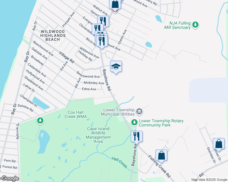 map of restaurants, bars, coffee shops, grocery stores, and more near 2702 Bayshore Road in Villas