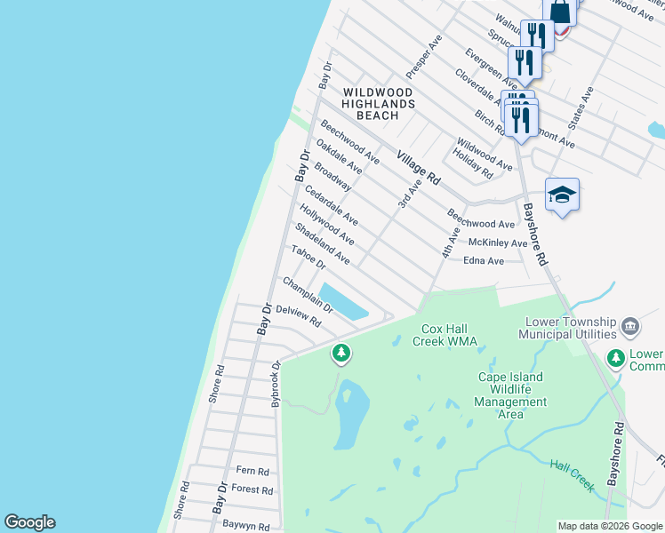 map of restaurants, bars, coffee shops, grocery stores, and more near 405 Tahoe Drive in Lower Township