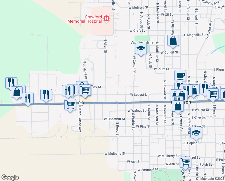 map of restaurants, bars, coffee shops, grocery stores, and more near 251 North Reed Street in Robinson