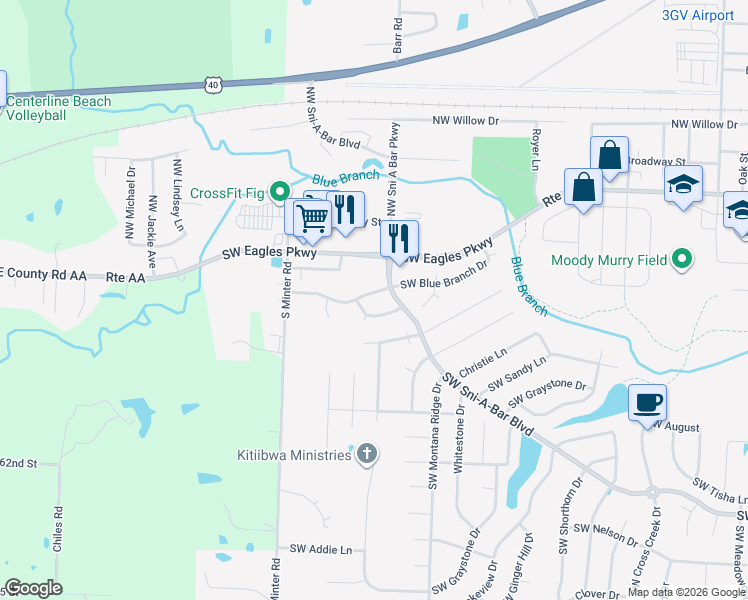 map of restaurants, bars, coffee shops, grocery stores, and more near 1306 Southwest Blue Branch Drive in Grain Valley