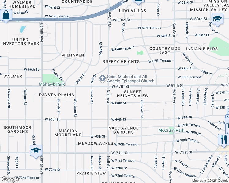 map of restaurants, bars, coffee shops, grocery stores, and more near 5401 West 67th Street in Prairie Village