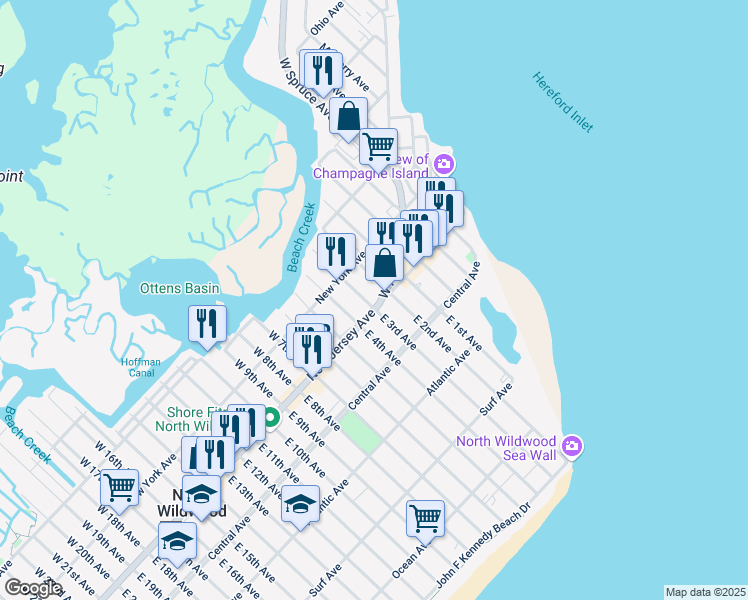 map of restaurants, bars, coffee shops, grocery stores, and more near 201 New Jersey Avenue in North Wildwood