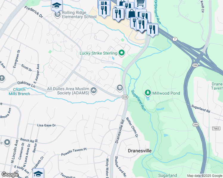 map of restaurants, bars, coffee shops, grocery stores, and more near 1123 Landerset Drive in Herndon