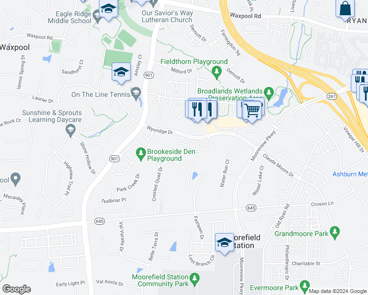 map of restaurants, bars, coffee shops, grocery stores, and more near 43145 Sunderland Terrace in Ashburn