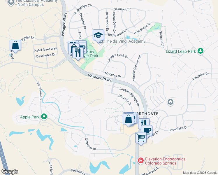 map of restaurants, bars, coffee shops, grocery stores, and more near 1342 Lookout Springs Drive in Colorado Springs