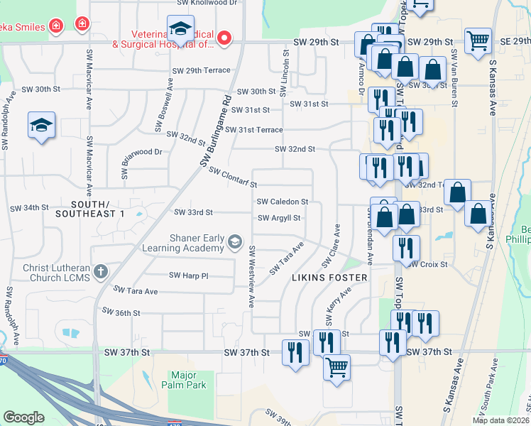 map of restaurants, bars, coffee shops, grocery stores, and more near 1407 Southwest Caledon Street in Topeka