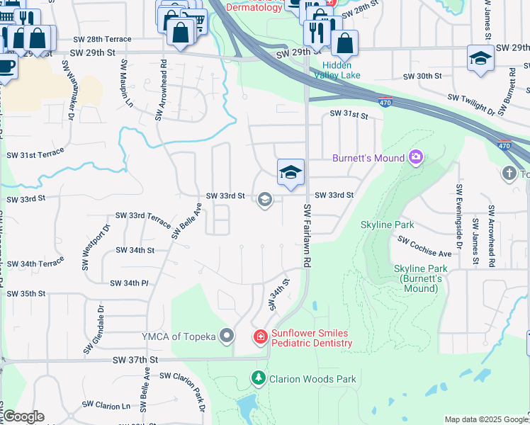 map of restaurants, bars, coffee shops, grocery stores, and more near 5257 Southwest 33rd Street in Topeka