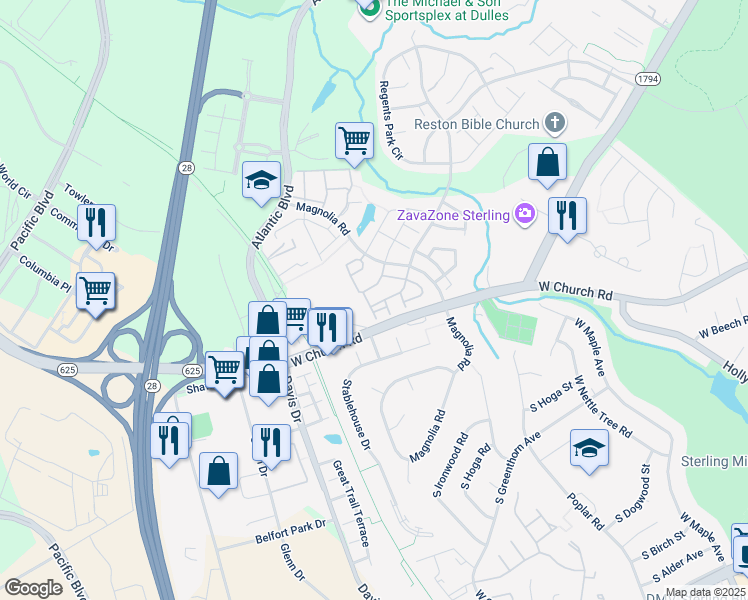 map of restaurants, bars, coffee shops, grocery stores, and more near 22025 Guilford Station Terrace in Sterling