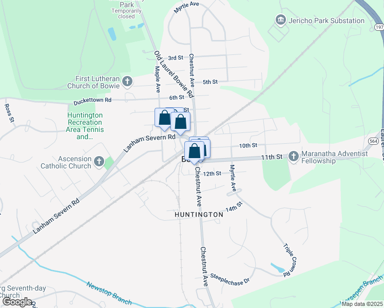 map of restaurants, bars, coffee shops, grocery stores, and more near 8614 Chestnut Avenue in Bowie