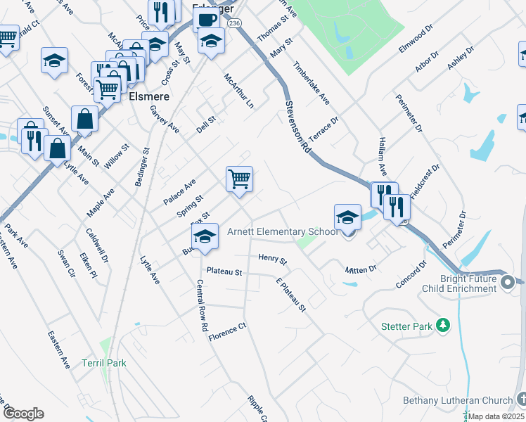 map of restaurants, bars, coffee shops, grocery stores, and more near 809 Couch Street in Elsmere