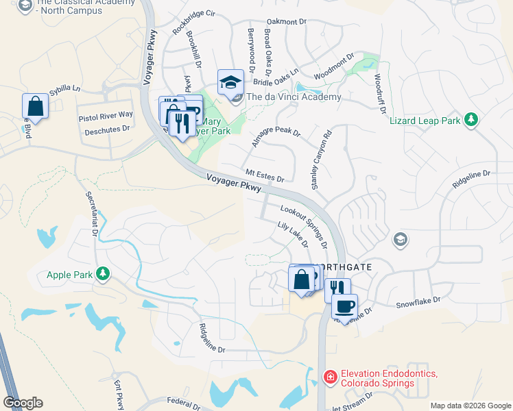 map of restaurants, bars, coffee shops, grocery stores, and more near 1342 Lookout Springs Drive in Colorado Springs