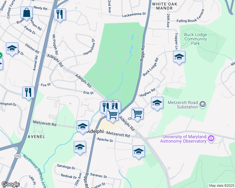 map of restaurants, bars, coffee shops, grocery stores, and more near 9222 Willow Lane in Adelphi
