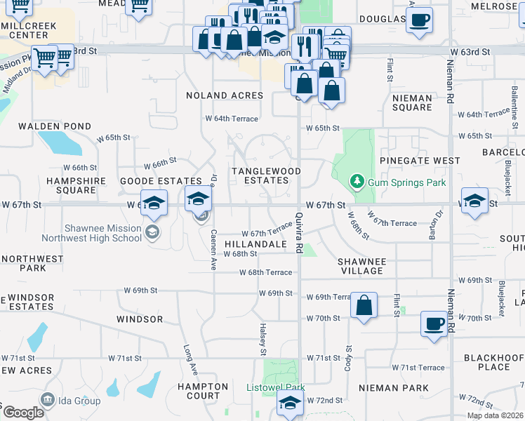 map of restaurants, bars, coffee shops, grocery stores, and more near 6664 Halsey Street in Shawnee
