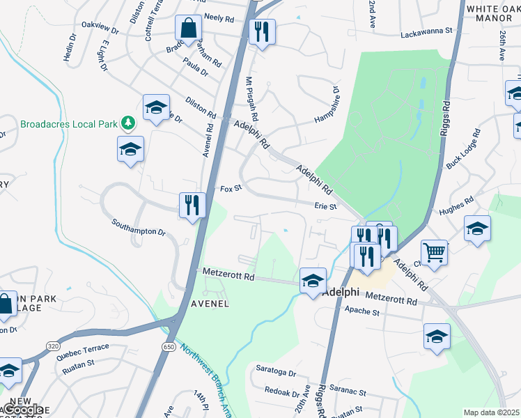map of restaurants, bars, coffee shops, grocery stores, and more near 1818 Metzerott Road in Adelphi