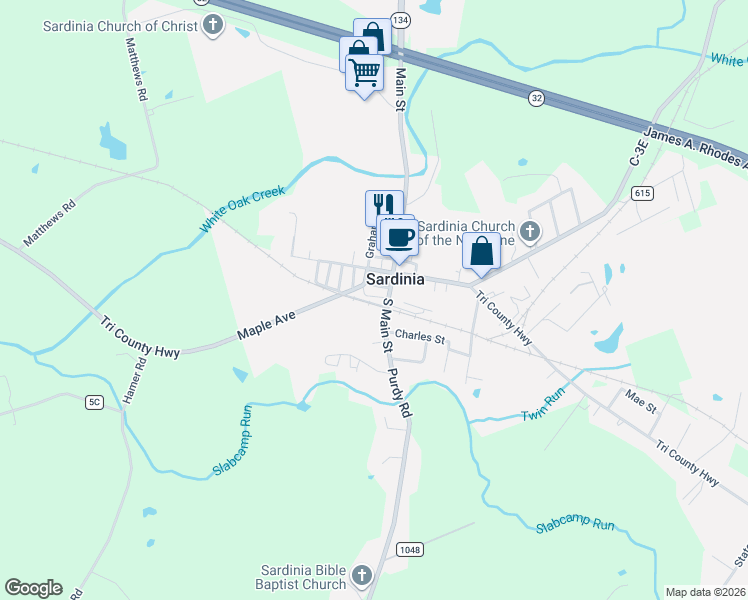 map of restaurants, bars, coffee shops, grocery stores, and more near 118 Mae Street in Sardinia