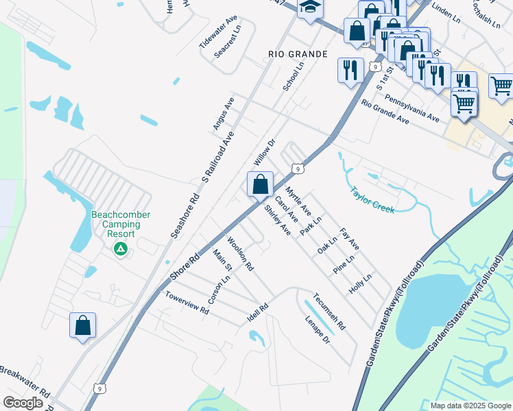 map of restaurants, bars, coffee shops, grocery stores, and more near Shore Road in Cape May