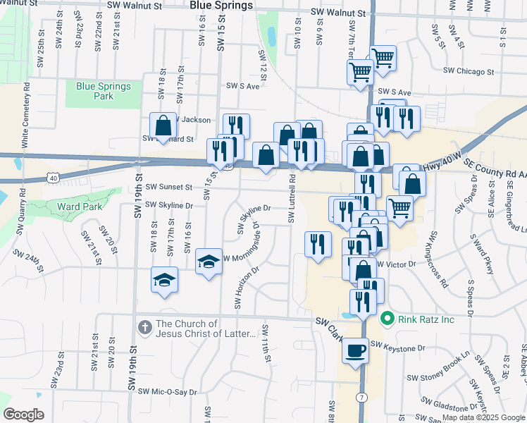 map of restaurants, bars, coffee shops, grocery stores, and more near 1108 Southwest Skyline Drive in Blue Springs