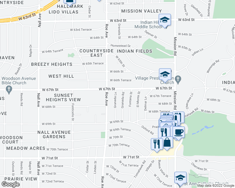 map of restaurants, bars, coffee shops, grocery stores, and more near 6715 Granada Lane in Prairie Village