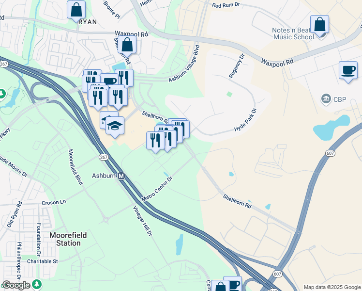 map of restaurants, bars, coffee shops, grocery stores, and more near 43811 Central Station Drive in Ashburn