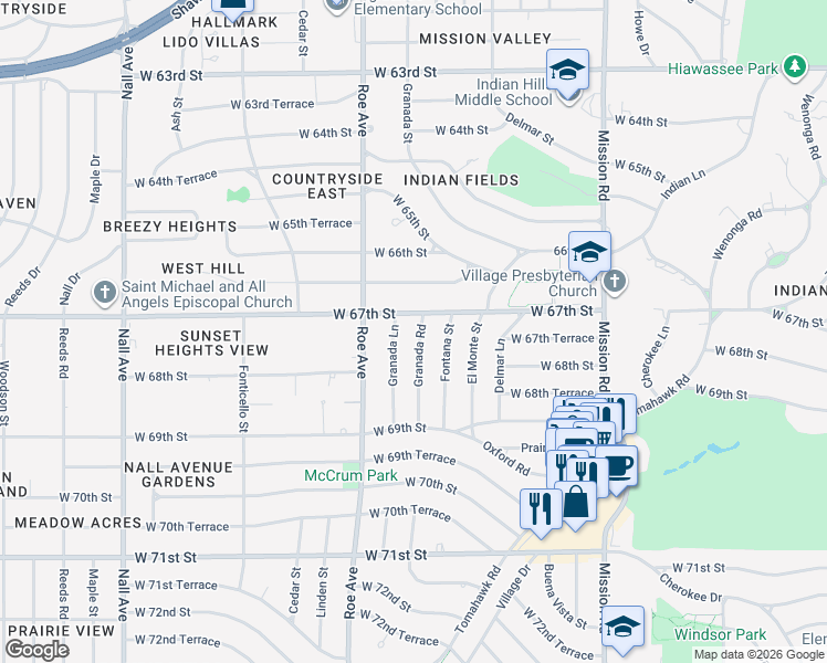 map of restaurants, bars, coffee shops, grocery stores, and more near 6701 Granada Lane in Prairie Village