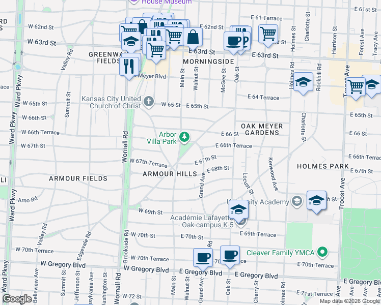 map of restaurants, bars, coffee shops, grocery stores, and more near 1 East 66 Street in Kansas City