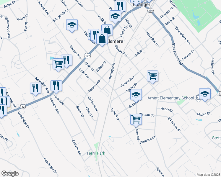map of restaurants, bars, coffee shops, grocery stores, and more near 4203 Ada Court in Elsmere