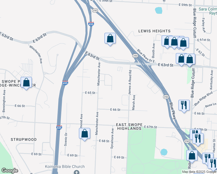 map of restaurants, bars, coffee shops, grocery stores, and more near 6391 Manchester Avenue in Kansas City