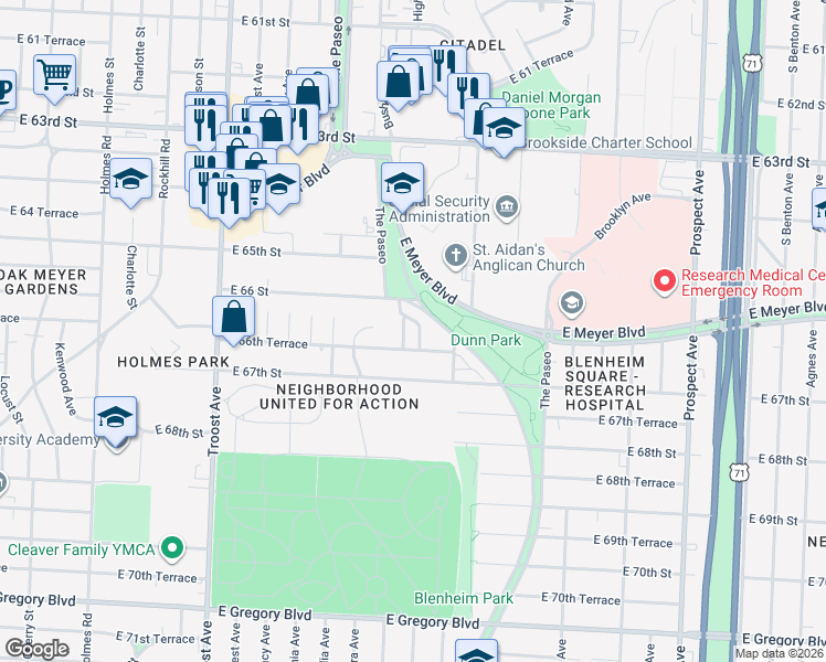 map of restaurants, bars, coffee shops, grocery stores, and more near 6620 Broadmoor Road in Kansas City