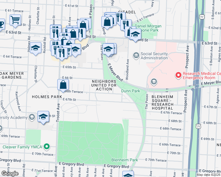 map of restaurants, bars, coffee shops, grocery stores, and more near 6620 Broadmoor Road in Kansas City
