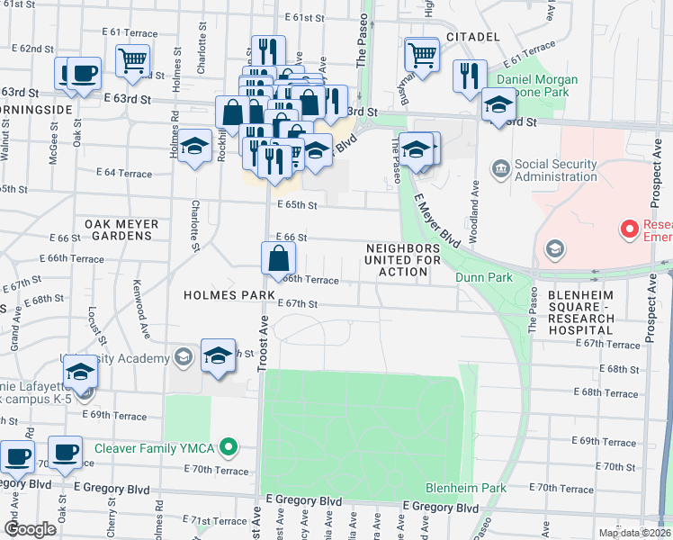 map of restaurants, bars, coffee shops, grocery stores, and more near 6621 Tracy Avenue in Kansas City