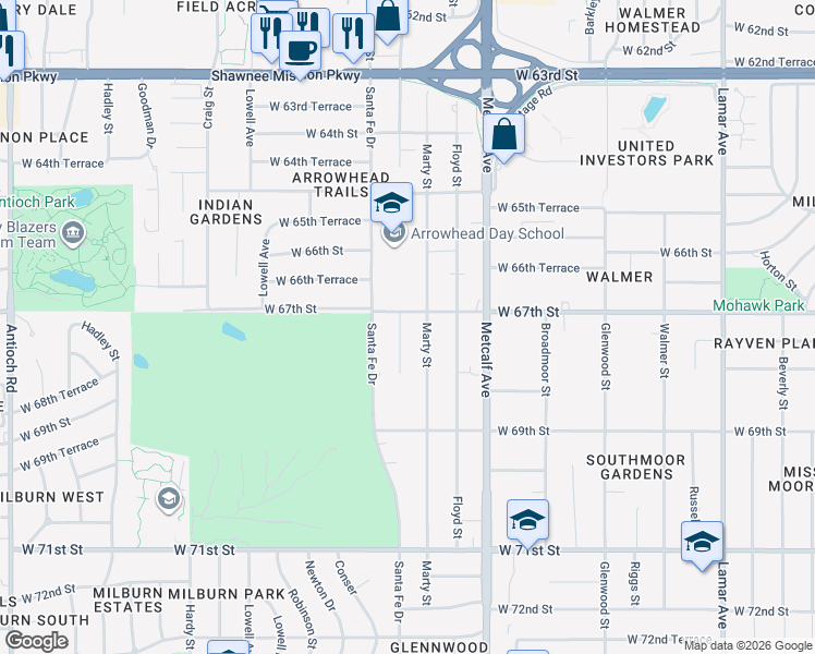 map of restaurants, bars, coffee shops, grocery stores, and more near 6701 Riley Street in Overland Park