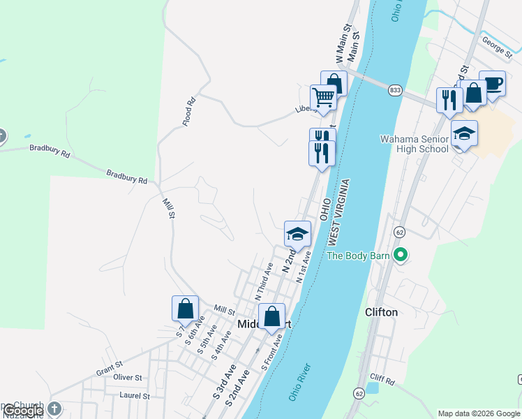 map of restaurants, bars, coffee shops, grocery stores, and more near 398 Hudson Street in Middleport