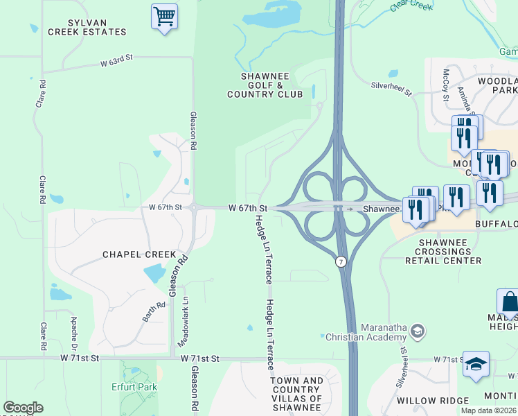 map of restaurants, bars, coffee shops, grocery stores, and more near Hedge Lane Terrace in Shawnee