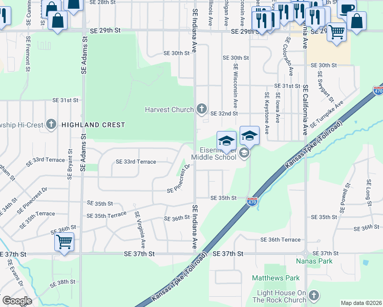 map of restaurants, bars, coffee shops, grocery stores, and more near 3302 Southeast Indiana Avenue in Topeka