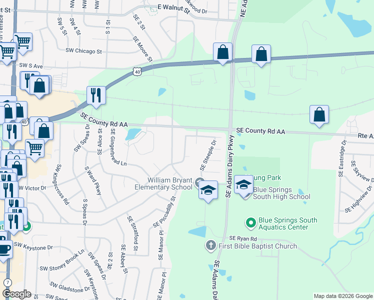 map of restaurants, bars, coffee shops, grocery stores, and more near 1119 Southeast Autumn Court in Blue Springs