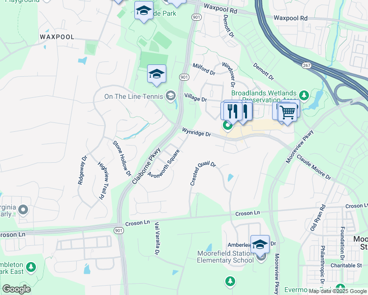 map of restaurants, bars, coffee shops, grocery stores, and more near 22026 Avonworth Square in Broadlands