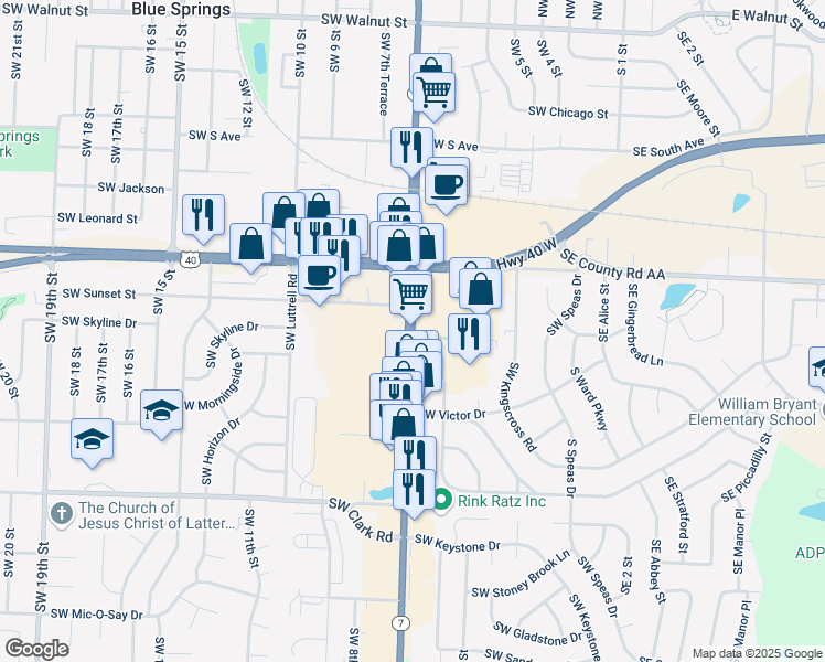 map of restaurants, bars, coffee shops, grocery stores, and more near 914 Northwest Highway 7 in Blue Springs