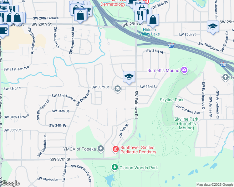 map of restaurants, bars, coffee shops, grocery stores, and more near 5329 Southwest 33rd Street in Topeka