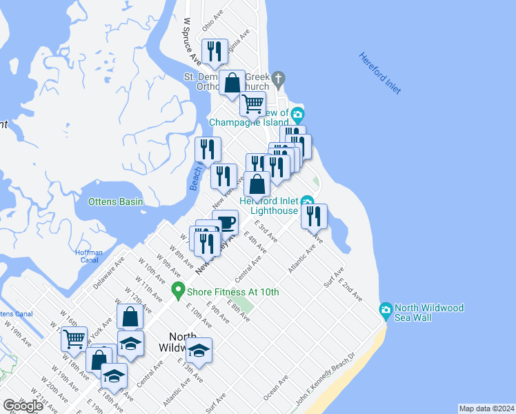 map of restaurants, bars, coffee shops, grocery stores, and more near 201 New Jersey Avenue in North Wildwood