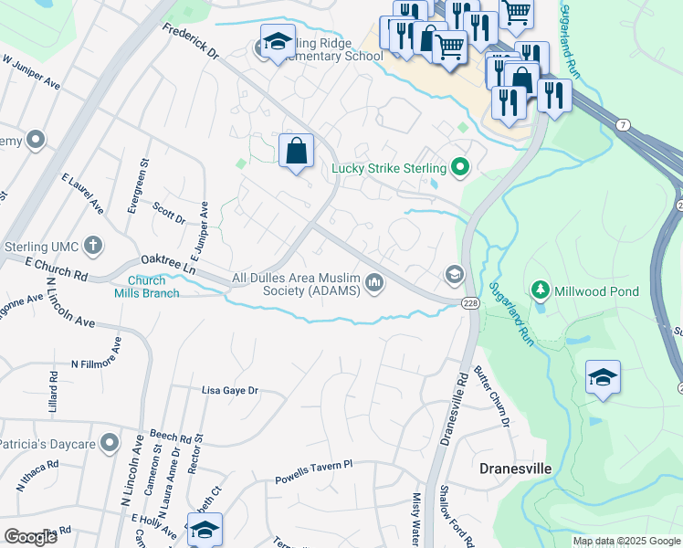 map of restaurants, bars, coffee shops, grocery stores, and more near 105 Norwood Place in Sterling