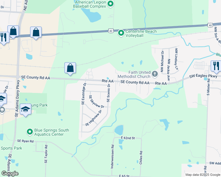 map of restaurants, bars, coffee shops, grocery stores, and more near 1004 Southeast Scenic Drive in Blue Springs