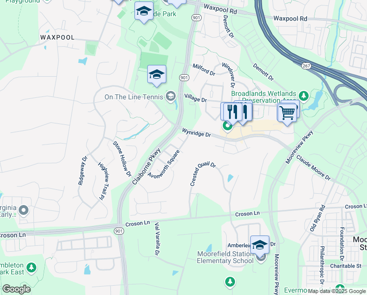 map of restaurants, bars, coffee shops, grocery stores, and more near 22026 Avonworth Square in Broadlands