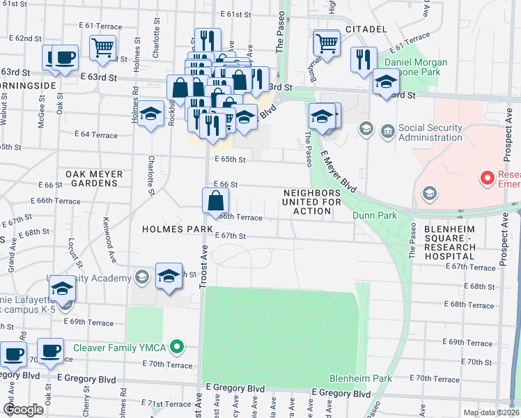 map of restaurants, bars, coffee shops, grocery stores, and more near 6621 Tracy Avenue in Kansas City